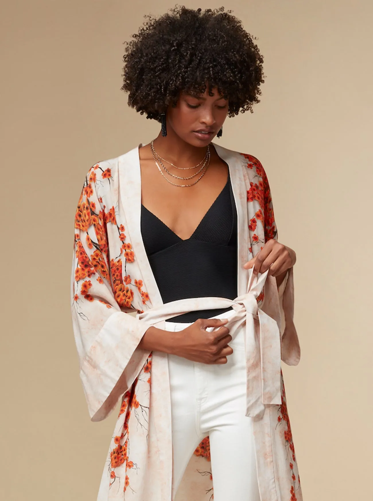 Alice Silk Kimono Robe Orange Print