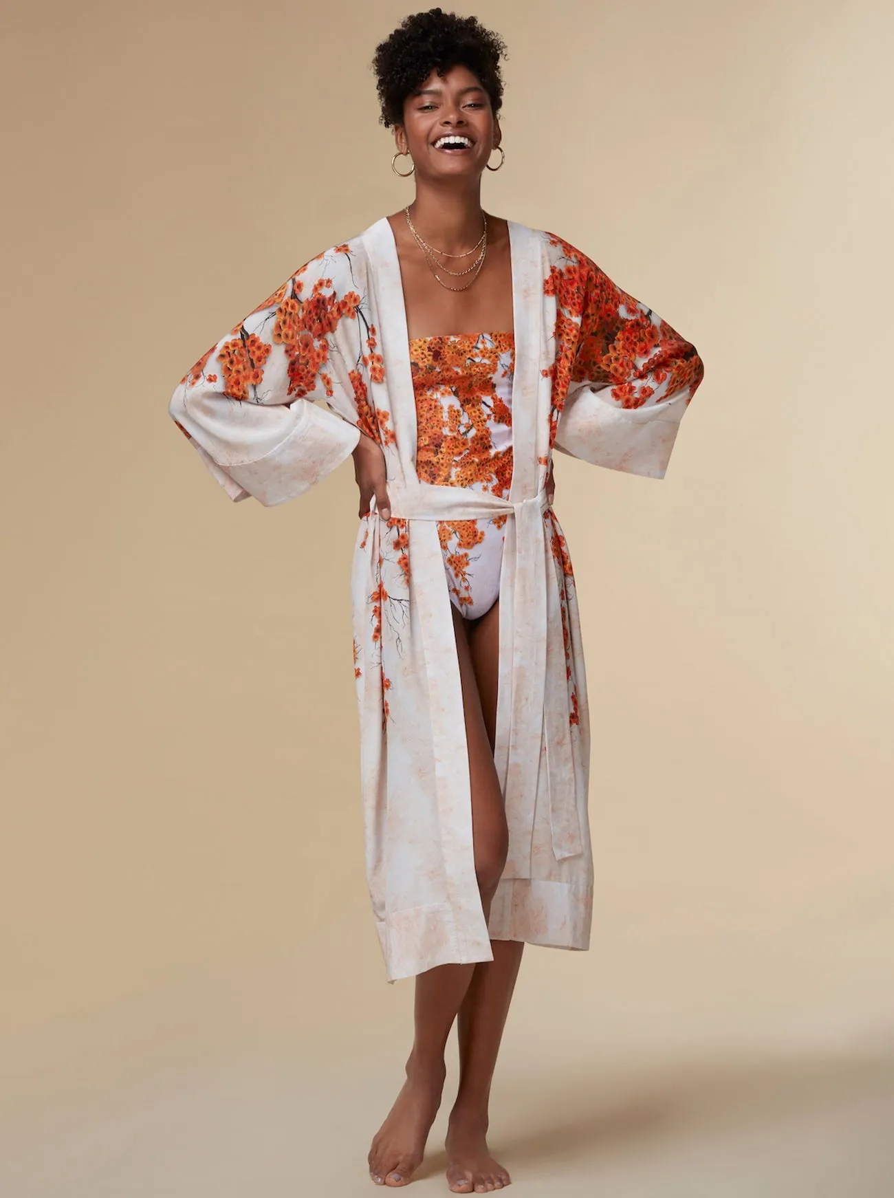 Alice Silk Kimono Robe Orange Print