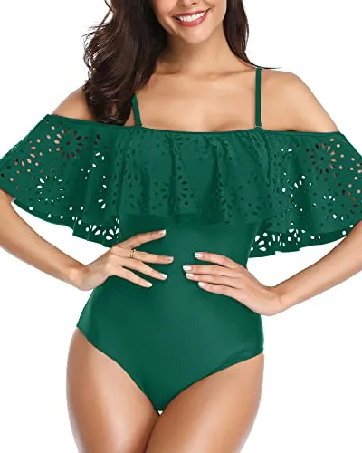 Alluring Long Torso Swimsuits One Piece Off Shoulder Lace Swimwear-Emerald Green