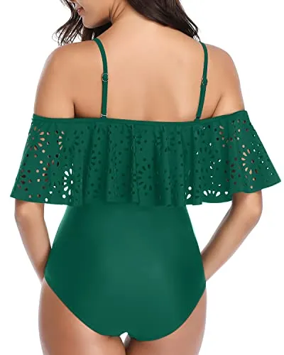 Alluring Long Torso Swimsuits One Piece Off Shoulder Lace Swimwear-Emerald Green