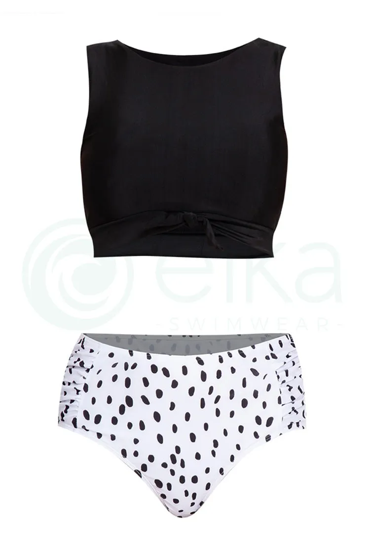Amanda Cropped Ribbon Top & Spotted High Waist Swimsuit Set