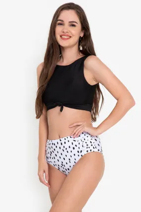 Amanda Cropped Ribbon Top & Spotted High Waist Swimsuit Set