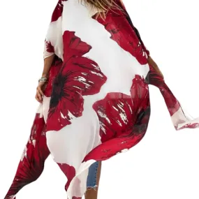 Bold Red Floral Long Kimono Cover Up