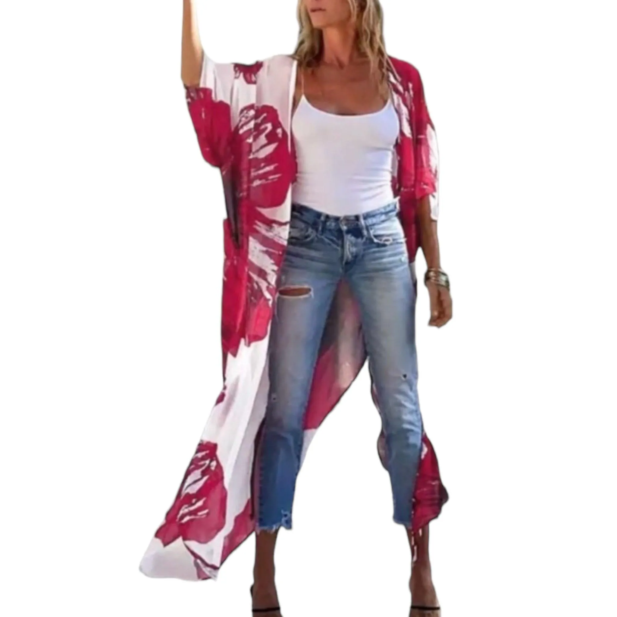 Bold Red Floral Long Kimono Cover Up