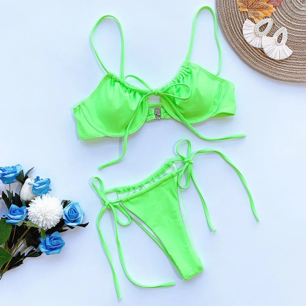 Bright Color Strappy Mid Rise Thong Bottom Bikinis