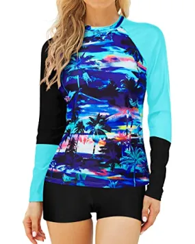 Charming Two Piece Rash Guard Long Sleeve Swimming Suits Women-Blue Palm Tree