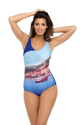 Chic Patterned Italian Fabric One-Piece Swimsuit in Subtle Color Palette