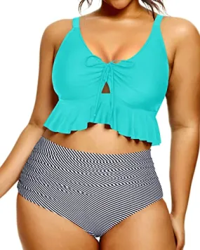 Comfortable Widened Shoulder Straps Bikini Set For Curvy Women-Aqua Stripe