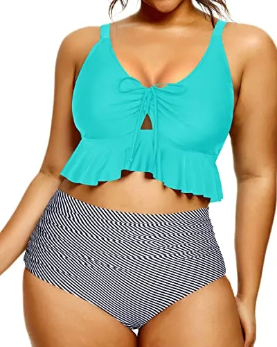 Comfortable Widened Shoulder Straps Bikini Set For Curvy Women-Aqua Stripe
