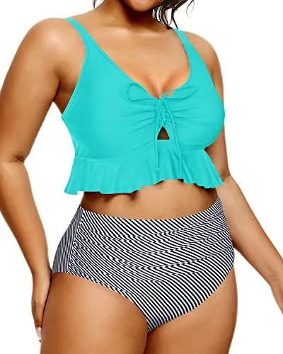 Comfortable Widened Shoulder Straps Bikini Set For Curvy Women-Aqua Stripe