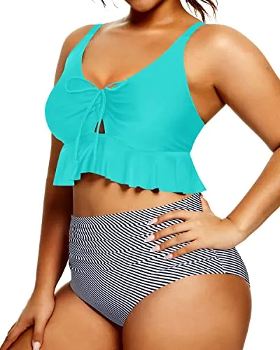 Comfortable Widened Shoulder Straps Bikini Set For Curvy Women-Aqua Stripe