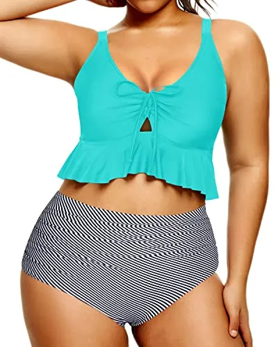 Comfortable Widened Shoulder Straps Bikini Set For Curvy Women-Aqua Stripe