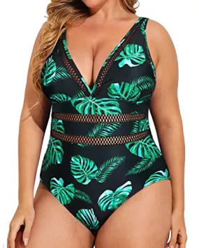Elegant Tummy Control Plus Size Swimwear-Black And Green Leaf