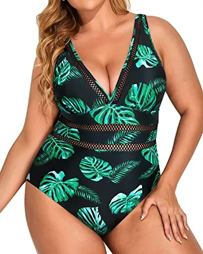Elegant Tummy Control Plus Size Swimwear-Black And Green Leaf