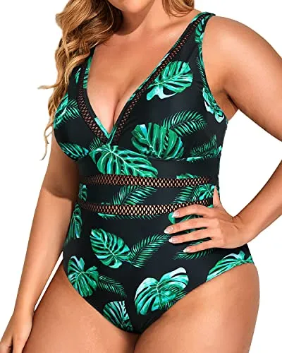 Elegant Tummy Control Plus Size Swimwear-Black And Green Leaf
