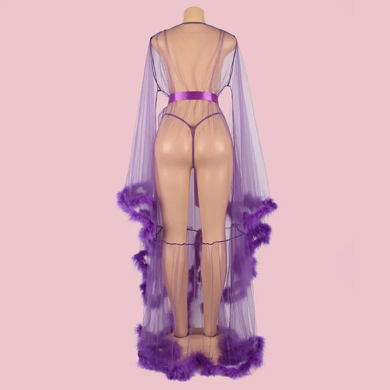 Feather Trim Sheer Dressing Gown