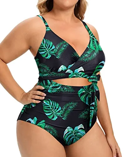 Feminine Cut-Out Design Plus Size One Piece Swimsuits-Black And Green Leaf