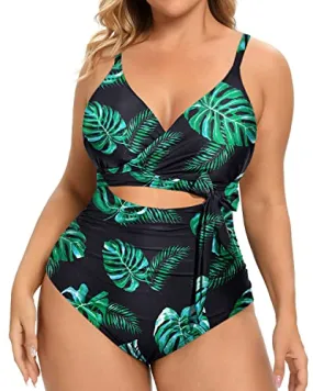 Feminine Cut-Out Design Plus Size One Piece Swimsuits-Black And Green Leaf