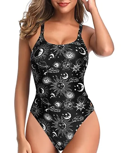 Flirty And Charming Lace Up One Piece Slimming Swimsuits For Women-Black Sun And Moon