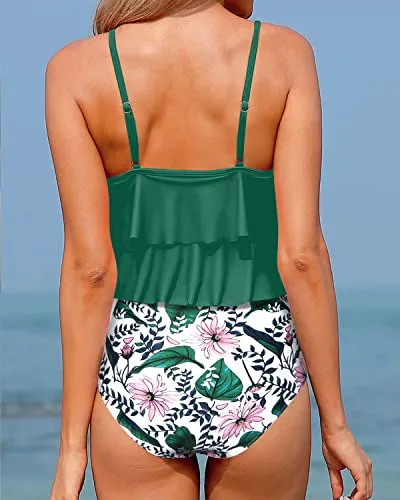 Flowy Two Piece Bikini Sets With High Waisted Bottoms For Women-Green Pink Flower