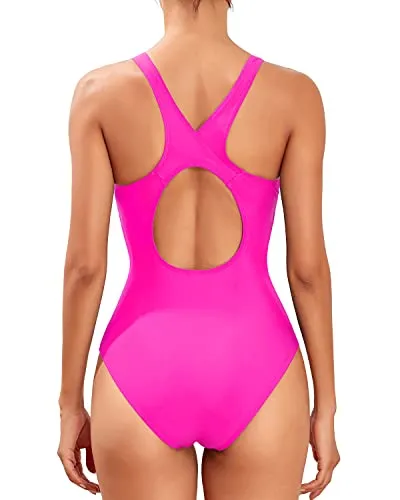 Full Coverage Athletic One Piece Bathing Suit Padded Bra For Women-Neon Pink