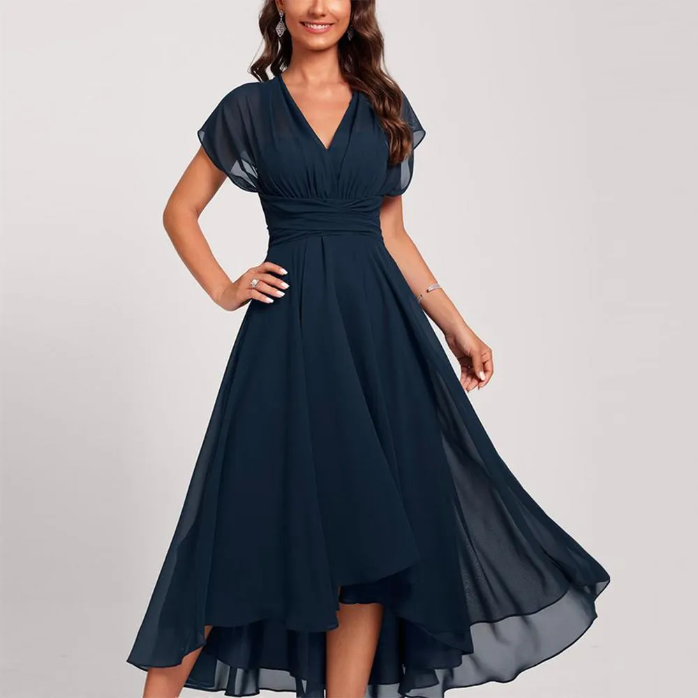 Gina - Robe midi bleue à manches courtes et taille lacée