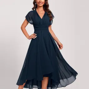 Gina - Robe midi bleue à manches courtes et taille lacée