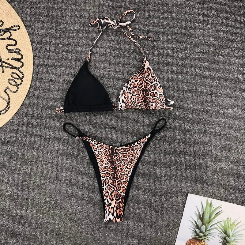 Halter Colorblock Bandeau Thong Bottom Bikinis