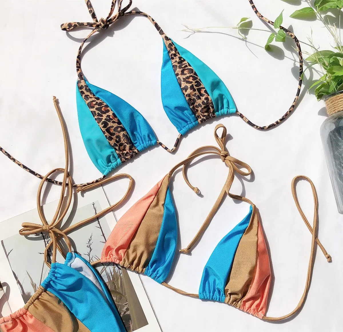 Halter Strappy Colorblock Mid Rise Thong Bottom Bikinis