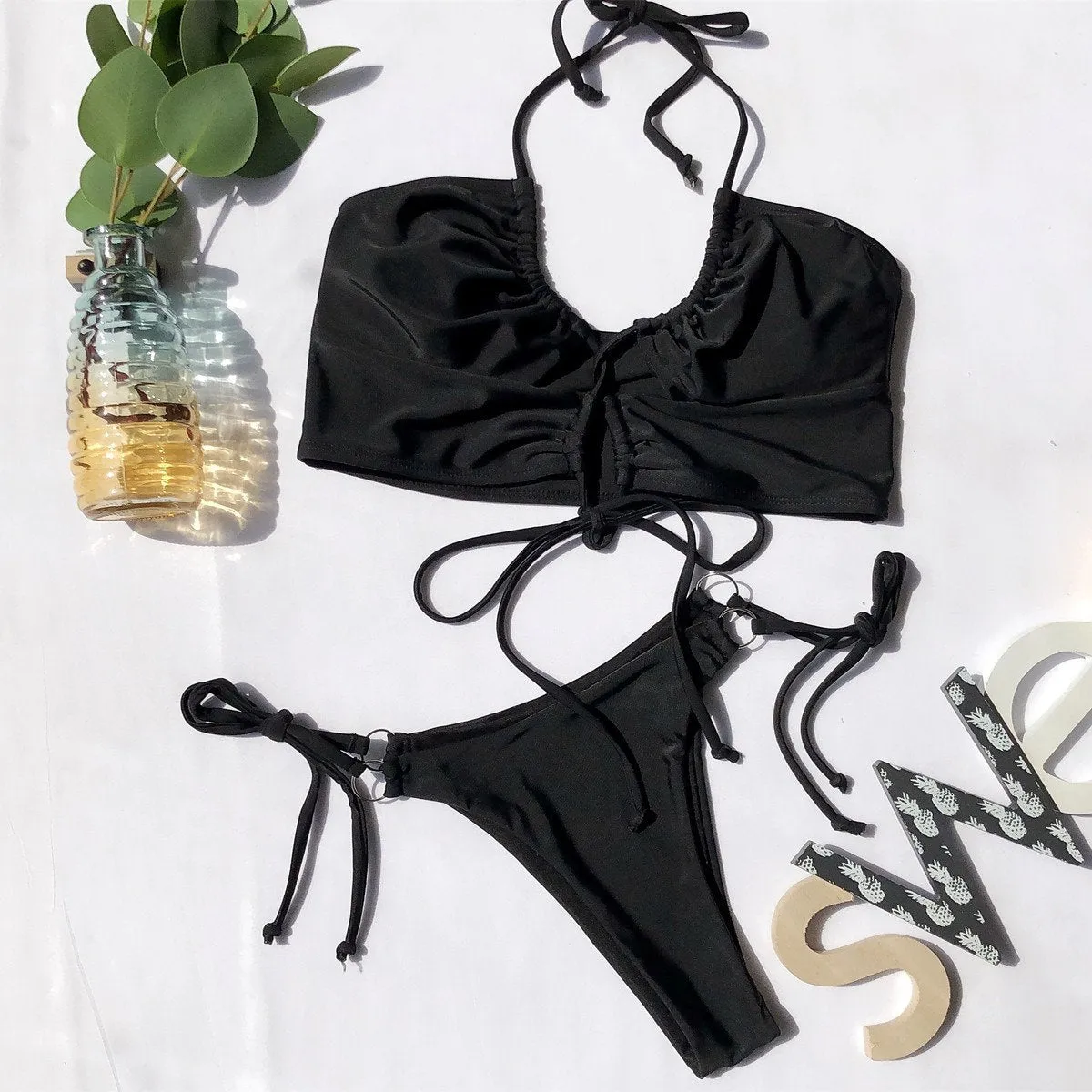 Halter Strappy Print Mid Rise Thong Bottom Bikinis