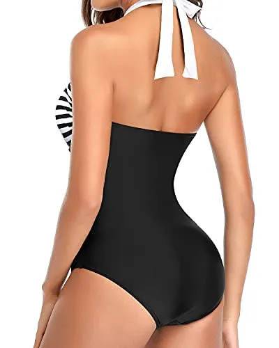 Halter Tummy Control Slimming One Piece Swimsuits-Black And White Stripe
