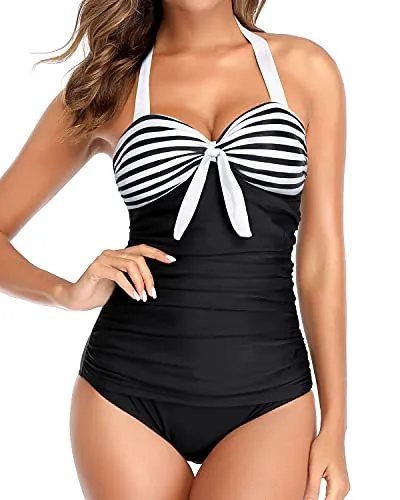 Halter Tummy Control Slimming One Piece Swimsuits-Black And White Stripe