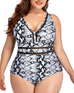 High Waisted Plus Size V Neck See Through Swimsuit-Black And White Snake Print