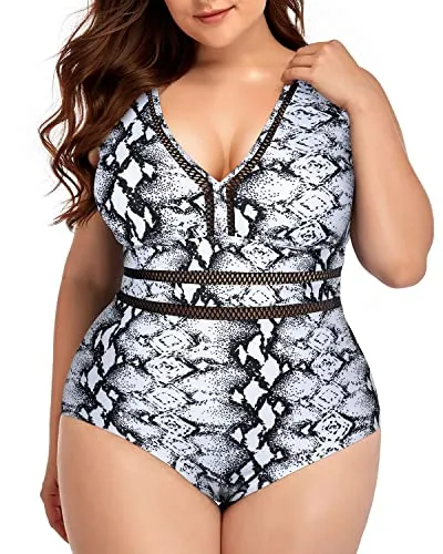 High Waisted Plus Size V Neck See Through Swimsuit-Black And White Snake Print