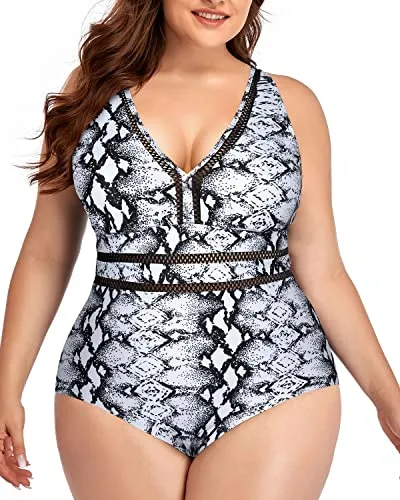 High Waisted Plus Size V Neck See Through Swimsuit-Black And White Snake Print