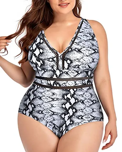 High Waisted Plus Size V Neck See Through Swimsuit-Black And White Snake Print