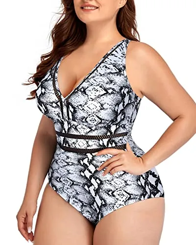 High Waisted Plus Size V Neck See Through Swimsuit-Black And White Snake Print