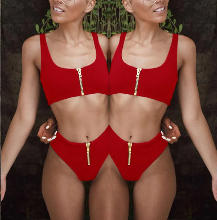 Hot Plain Zipper High Rise Triangle Bikinis