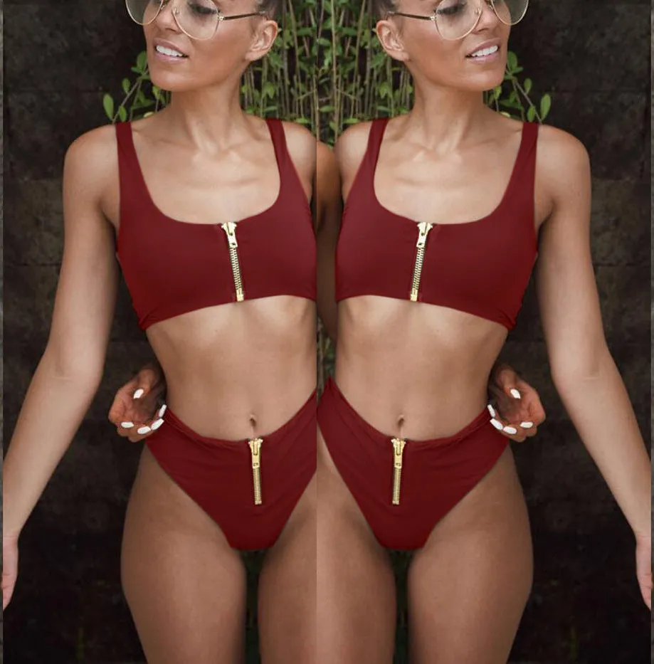 Hot Plain Zipper High Rise Triangle Bikinis