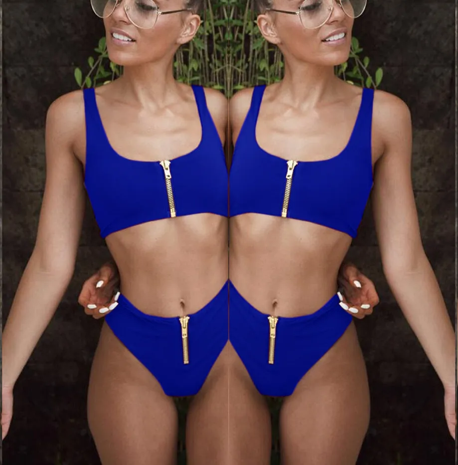 Hot Plain Zipper High Rise Triangle Bikinis