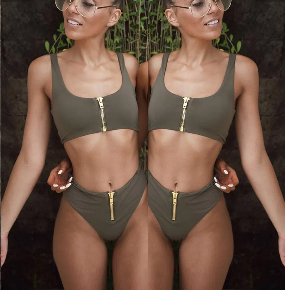 Hot Plain Zipper High Rise Triangle Bikinis