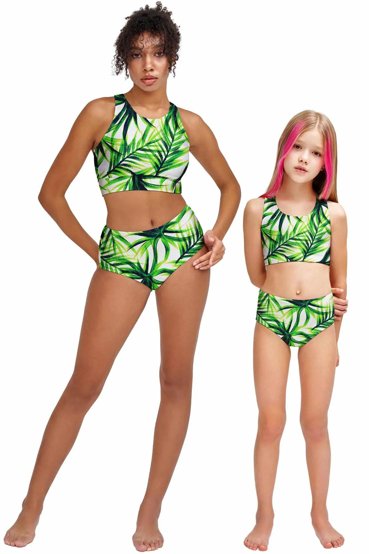 Island Life Green Tropical Two-Piece Sporty Swimsuits - Mommy and Me