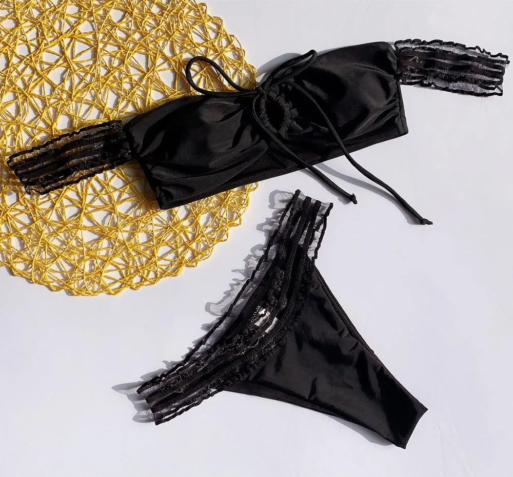 Lace Off Shoulder Strappy Thong Bottom Tube Bikinis