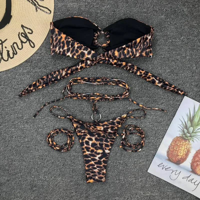 Leopard Bandeau Mid Rise Thong Bottom Tube Bikinis