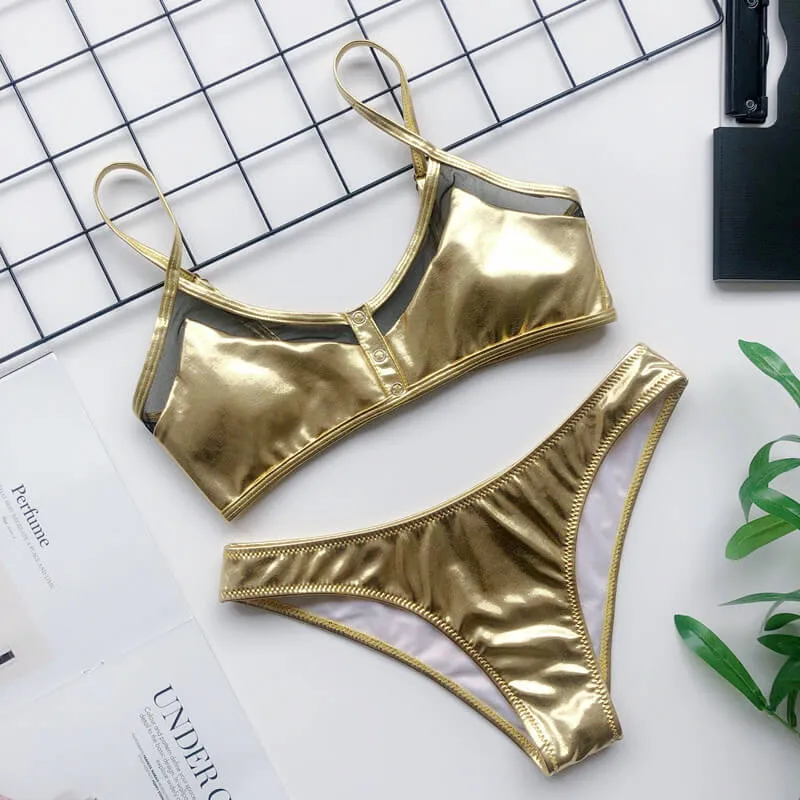 Mesh Patchwork Stretch Thong Bottom Bikinis