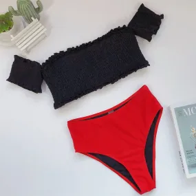 Off Shoulder Smocked Colorblck High Rise Triangle Bikinis
