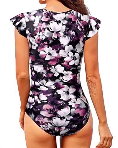 One Piece Zip Front Short Sleeve Rash Guard For Women-Purple Floral