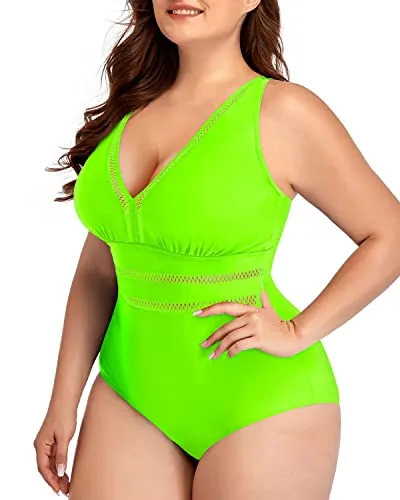 Padded Push Up Bra Plus Size One Piece Backless Swimwear-Neon Green