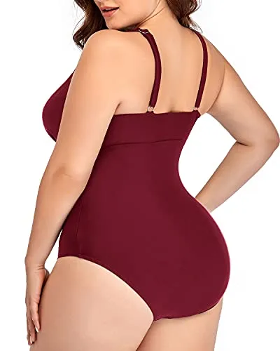 Padded Push Up Plus Size V Neck See Through Swimsuit-Maroon