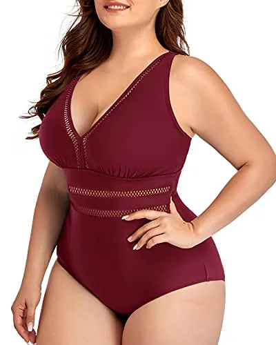 Padded Push Up Plus Size V Neck See Through Swimsuit-Maroon